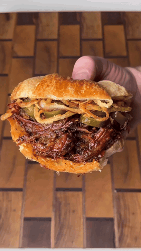 Person Holding Pulled Pork Sandwich with Onion Rings