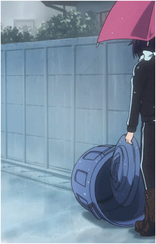 Person Holding Red Umbrella and Blue Trash Can