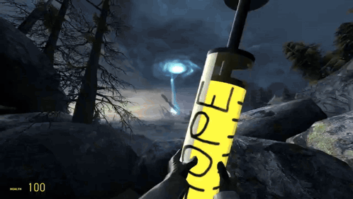 Person Holding Yellow Syringe Saying EOE GIF