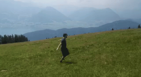 Person In Black Dress Walking In Grassy Field GIF