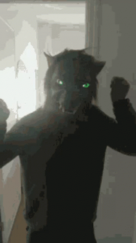 Person In Cat Mask With Green Eyes GIF