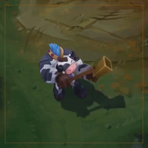 Person in Cow Costume Blowing Trumpet in Video Game