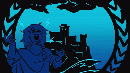 Person in Front of Castle Blue Background