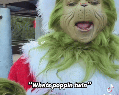 Person in Grinch Costume Saying What's Poppin Twin