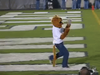 Person In Mascot Costume Running With Tigers GIF