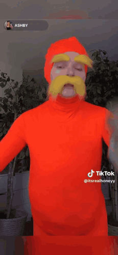 Person in Orange Costume Holding Microphone and Yellow Mustache