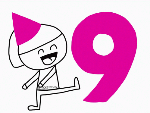 Person In Pink Party Hat Next To Pink Number 9 GIF
