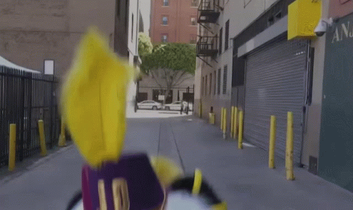 Person in Purple and Yellow Costume Walking Down Street