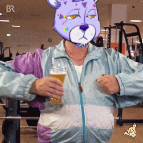 Person in Purple Bear Mask Holding Beer
