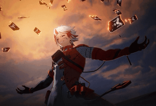 Person In Red And White Outfit Before Cloudy Sky With Falling Cards GIF