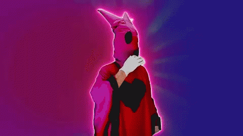 Person in Red Cape with Heart and Horned Hat