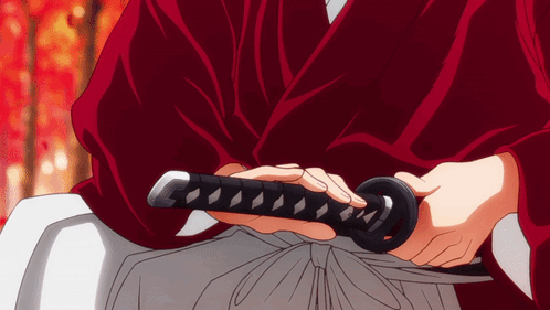 Person In Red Kimono Holding Black Sword GIF