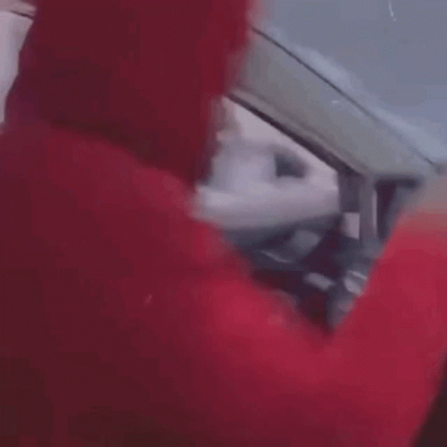 Person in Red Sweater Driving and Pointing at Steering Wheel