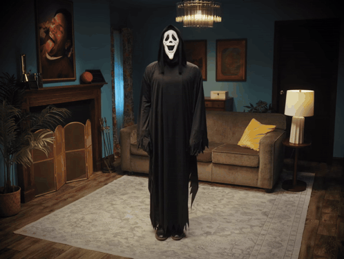 Person In Scream Costume Standing In Living Room GIF