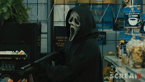 Person In Scream Mask Holding Gun In Store GIF