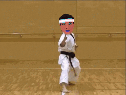 Person in White Karate Uniform with Pink Face