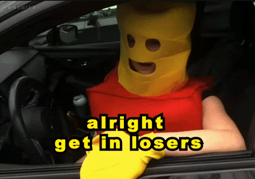 Person In Yellow Mask Car Alright Get In Losers GIF