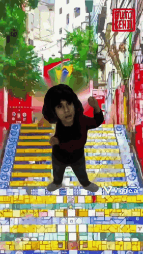 Person on Stairs With Red Sign Fujit Zenji