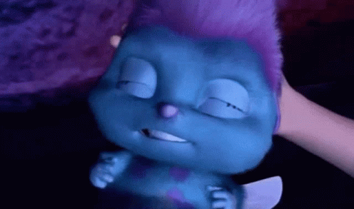 Person Petting Blue Cartoon Character With Purple Hair GIF