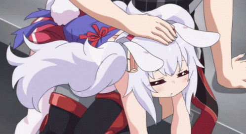 Person Petting Cartoon With White Hair and Red Eyes