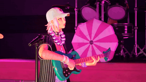 Person Playing Guitar with Pink Umbrella
