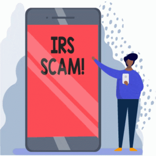 Person Pointing at Cell Phone Screen Saying IRS Scam