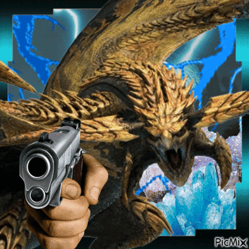 Person Pointing Gun at Dragon with Picmix