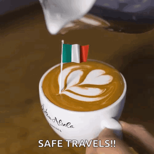 Person Pouring Milk Into Coffee Saying Safe Travels GIF