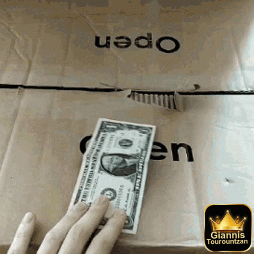 Person Putting Dollar in Box Saying Open