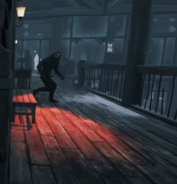 Person Running in Wooden Hallway With Red Light