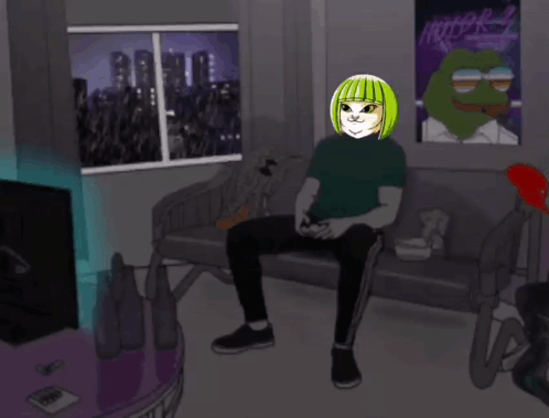 Person Sitting on Couch with Frog Poster