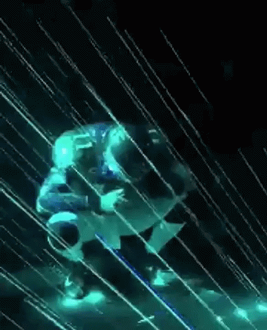Person Standing in Rain in Dark Room With Glowing Lights