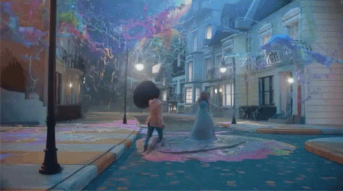 Person Walking Down Street With Bubbles and Buildings
