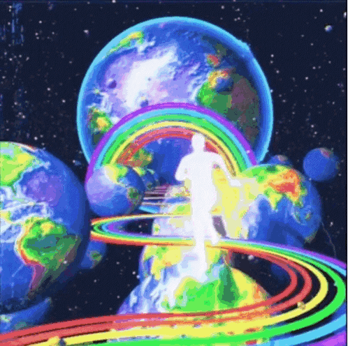 Person Walking Through Rainbow With Planets GIF