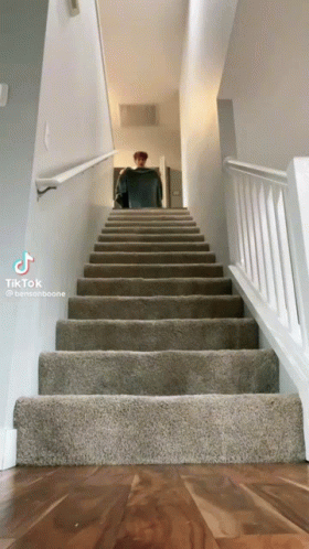 Person Walking Up Stairs With White Railing GIF