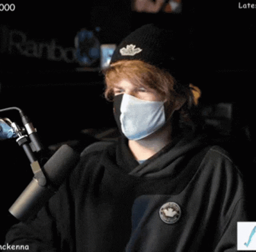 Person Wearing Mask and Beanie at Microphone