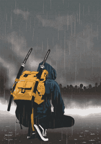 Person with Backpack and Two Swords