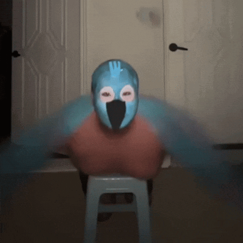 Person With Bird Mask Sitting On Blue Stool GIF