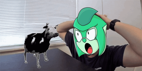 Person With Green Head and Cow Behind