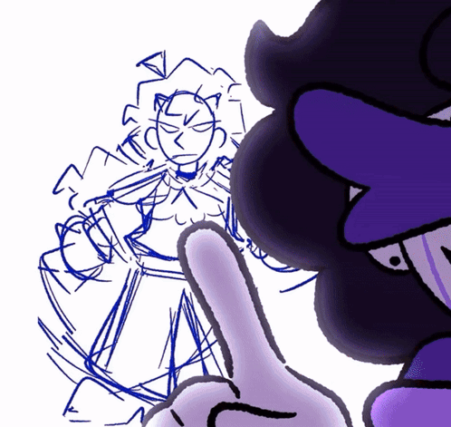 Person with Purple Hair and Hand Pointing
