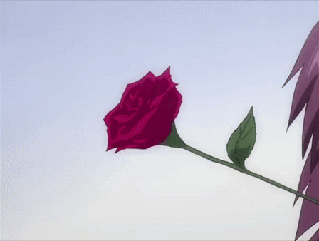 Person with Purple Hair Holding Rose in Mouth