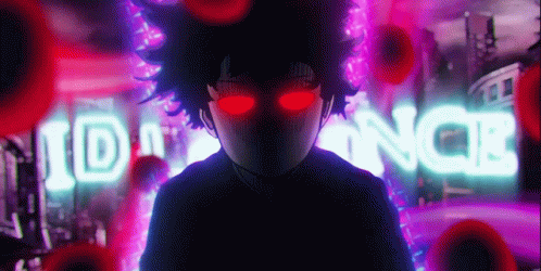 Person with Red Eyes in Front of Neon ID Sign
