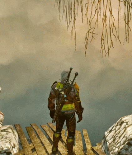 Person With Sword on Back Standing on Wooden Bridge
