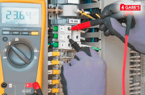Person Working On Electrical Box With Gabe's Electrical Service Logo GIF