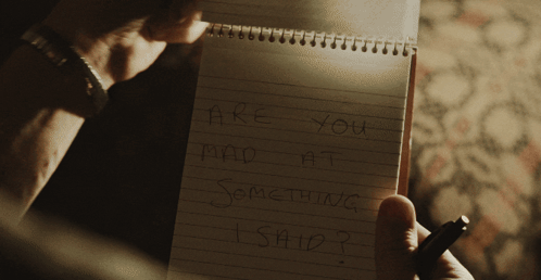 Person Writing in Notebook Saying Are You Mad at Something I Said