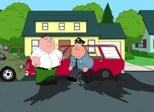 Peter Griffin And A Police Officer Are Standing Next To A Red Car GIF