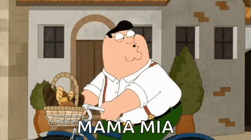 Peter Griffin From Family Guy Is Riding A Bike With A Basket Full Of Bread And The Words Mama Mia Below Him GIF