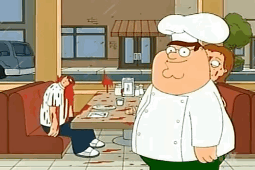 Peter Griffin From Family Guy Is Standing In A Diner Next To A Table With Blood On It . GIF