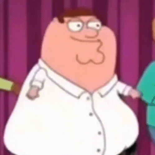 Peter Griffin From Family Guy Is Standing In Front Of A Purple Curtain . He Is Wearing Glasses And A White Shirt . GIF