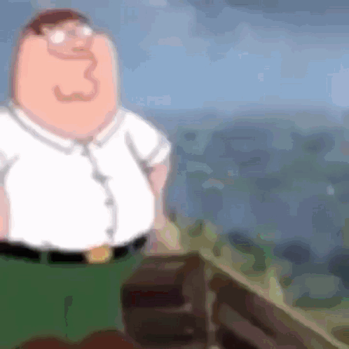Peter Griffin From Family Guy Is Standing On Top Of A Wooden Fence Looking Out Over A City . GIF
